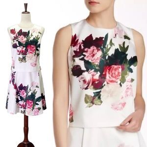 Vince Camuto 2-Piece Floral Set Sleeveless Top PM & A-Line Skirt Size 10 Roses